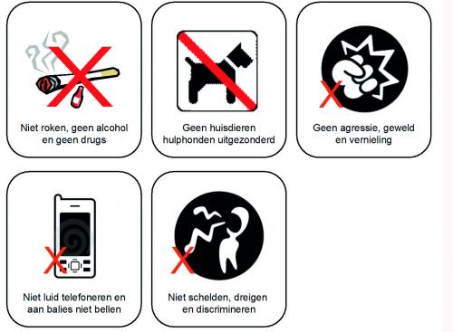 Afbeelding huisregels: niet roken, geen alcohol en drugs; geen huisdieren behalve hulphonden; geen agressie, geweld en vernieling; niet luid bellen of bellen bij balies; niet schelden, dreigen of discrimineren 
